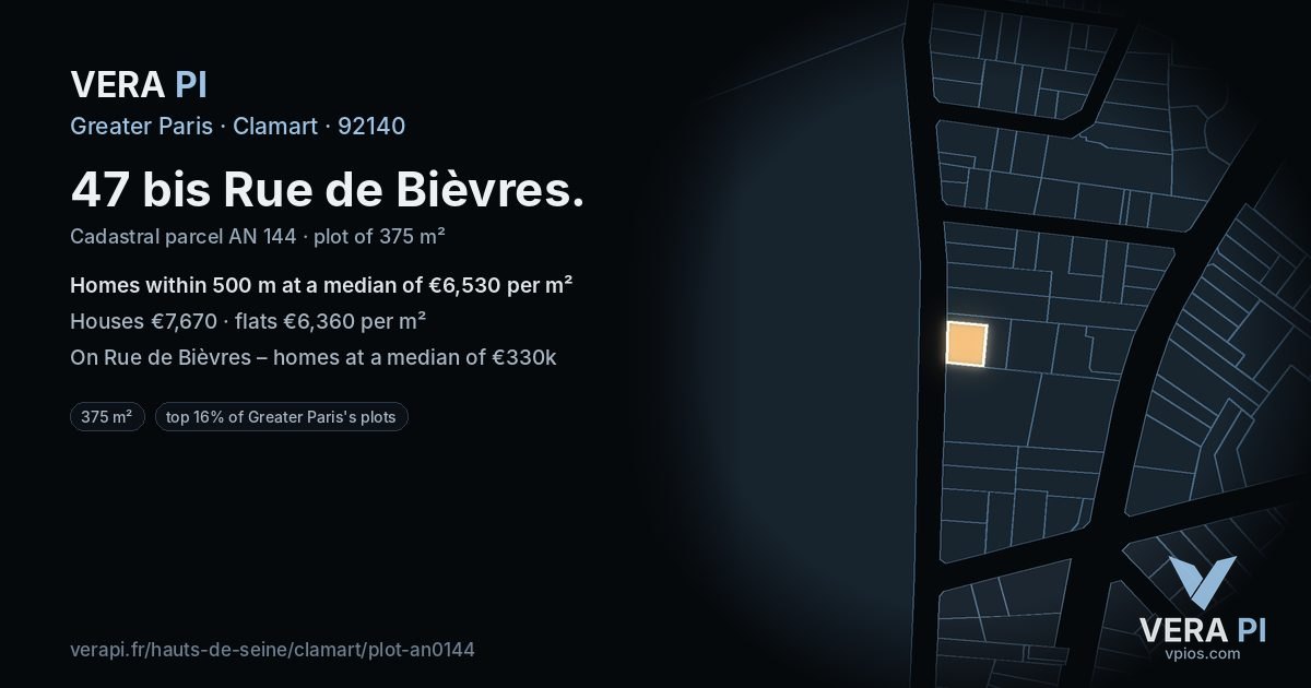 47 bis Rue de Bièvres, Clamart at night – the plot lit, the parcels around coloured by the prices near them