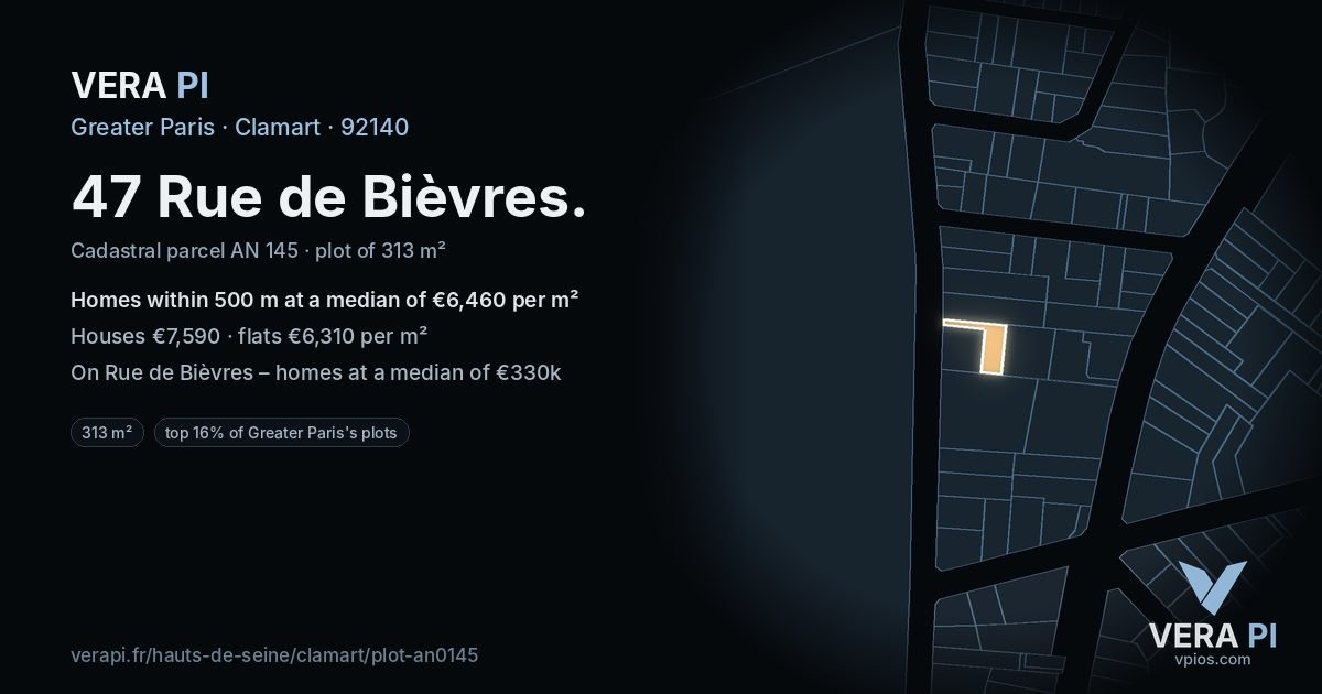 47 Rue de Bièvres, Clamart at night – the plot lit, the parcels around coloured by the prices near them