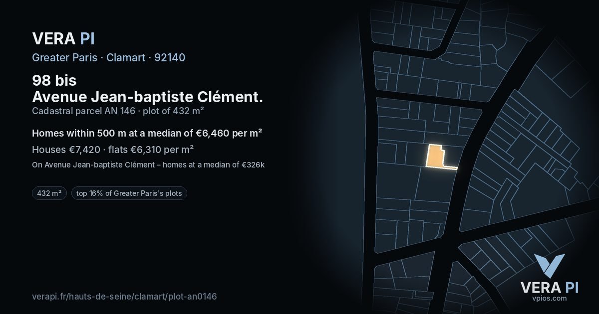 98 bis Avenue Jean-baptiste Clément, Clamart at night – the plot lit, the parcels around coloured by the prices near them