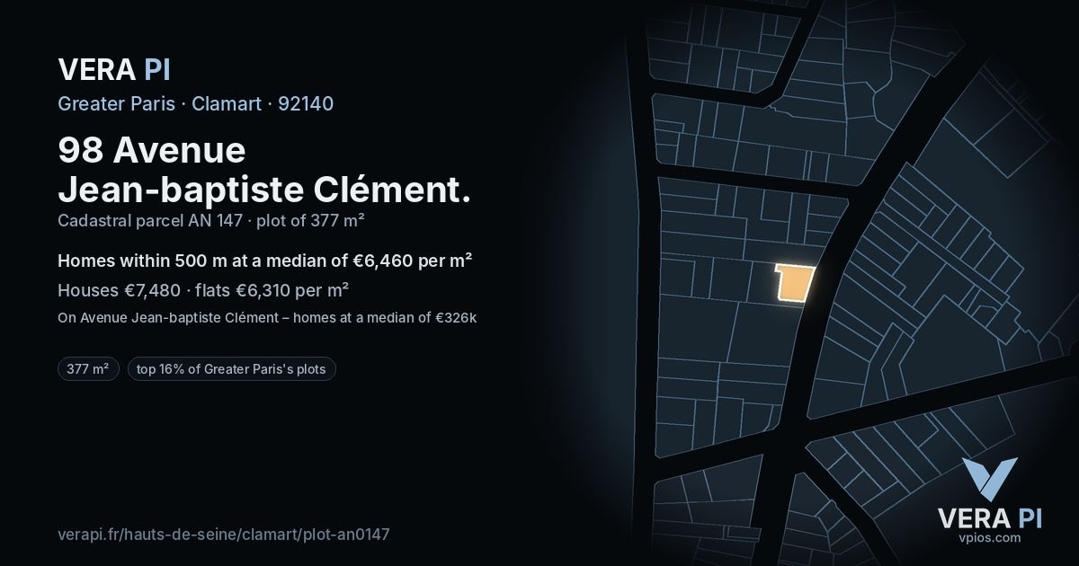 98 Avenue Jean-baptiste Clément, Clamart at night – the plot lit, the parcels around coloured by the prices near them