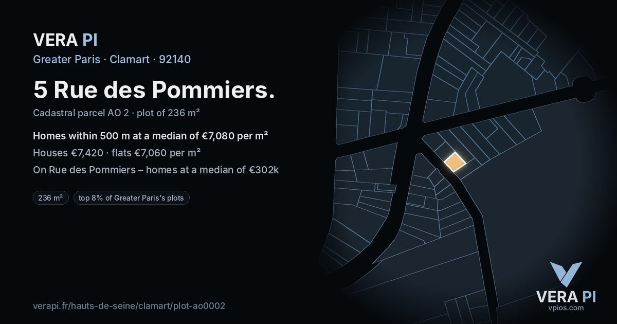 5 Rue des Pommiers, Clamart at night – the plot lit, the parcels around coloured by the prices near them