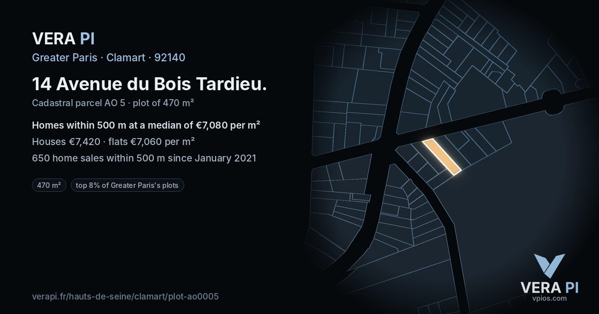 14 Avenue du Bois Tardieu, Clamart at night – the plot lit, the parcels around coloured by the prices near them