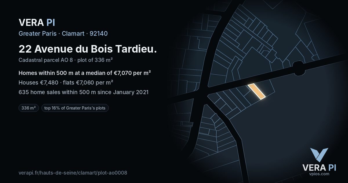 22 Avenue du Bois Tardieu, Clamart at night – the plot lit, the parcels around coloured by the prices near them