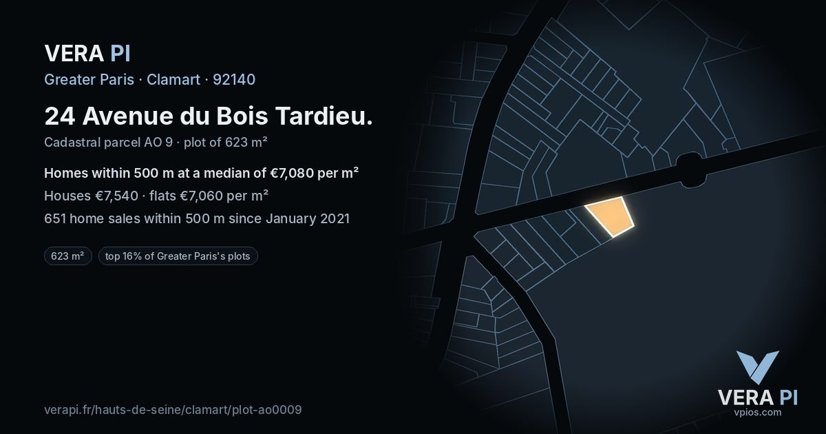 24 Avenue du Bois Tardieu, Clamart at night – the plot lit, the parcels around coloured by the prices near them
