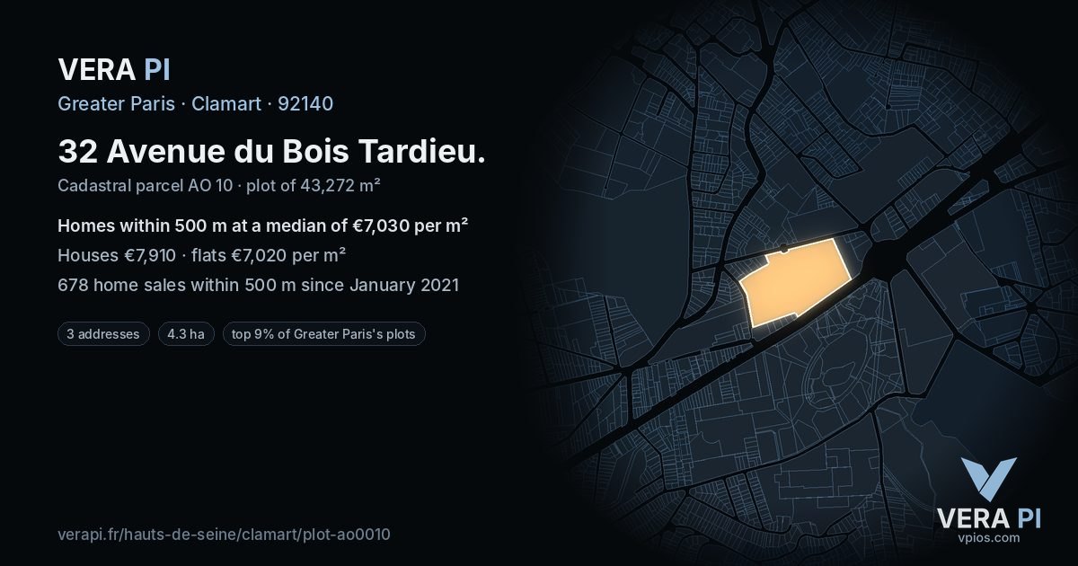 32 Avenue du Bois Tardieu, Clamart at night – the plot lit, the parcels around coloured by the prices near them