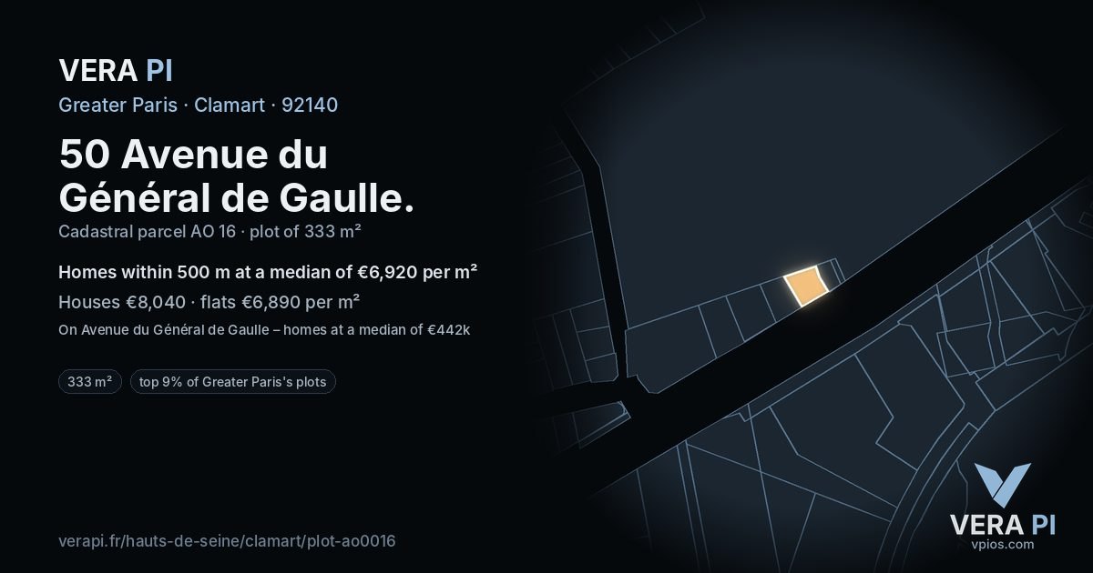 50 Avenue du Général de Gaulle, Clamart at night – the plot lit, the parcels around coloured by the prices near them