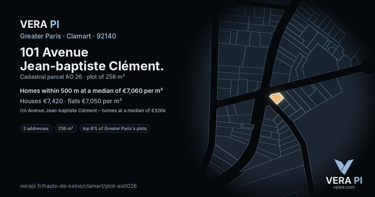 101 Avenue Jean-baptiste Clément, Clamart at night – the plot lit, the parcels around coloured by the prices near them