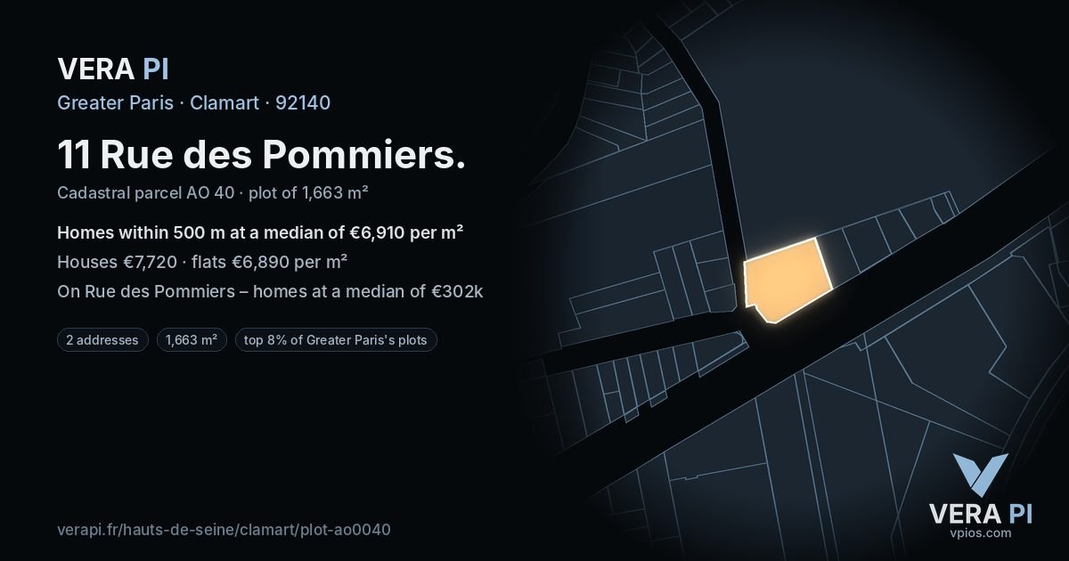 11 Rue des Pommiers, Clamart at night – the plot lit, the parcels around coloured by the prices near them