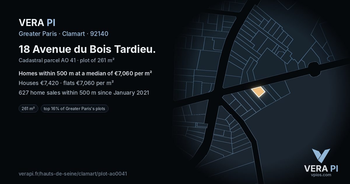18 Avenue du Bois Tardieu, Clamart at night – the plot lit, the parcels around coloured by the prices near them