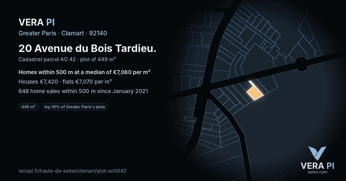 20 Avenue du Bois Tardieu, Clamart at night – the plot lit, the parcels around coloured by the prices near them