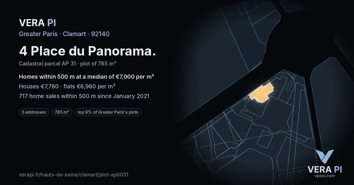 4 Place du Panorama, Clamart at night – the plot lit, the parcels around coloured by the prices near them