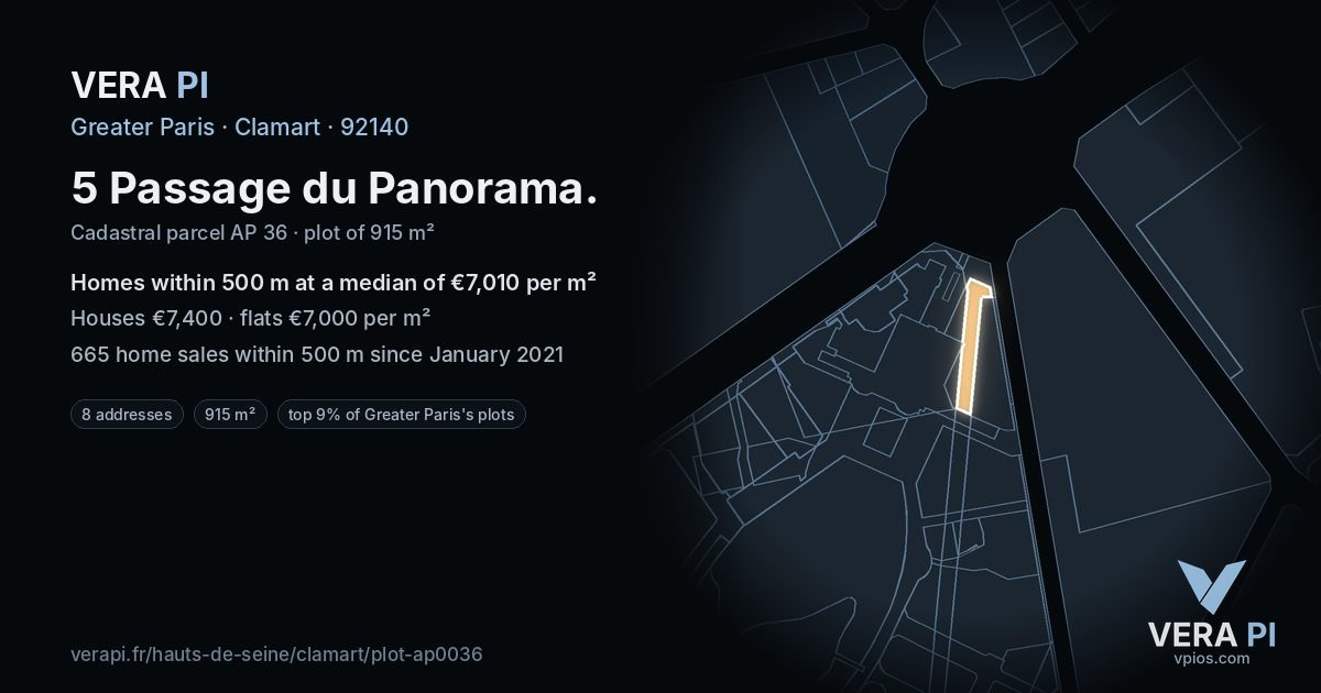 5 Passage du Panorama, Clamart at night – the plot lit, the parcels around coloured by the prices near them