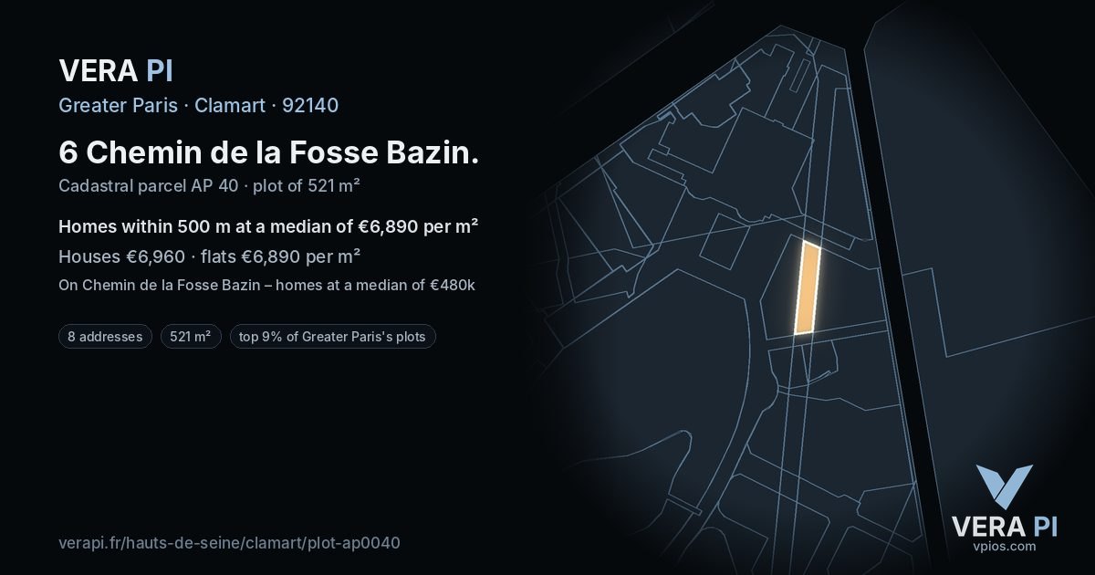 6 Chemin de la Fosse Bazin, Clamart at night – the plot lit, the parcels around coloured by the prices near them
