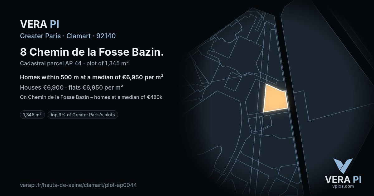 8 Chemin de la Fosse Bazin, Clamart at night – the plot lit, the parcels around coloured by the prices near them