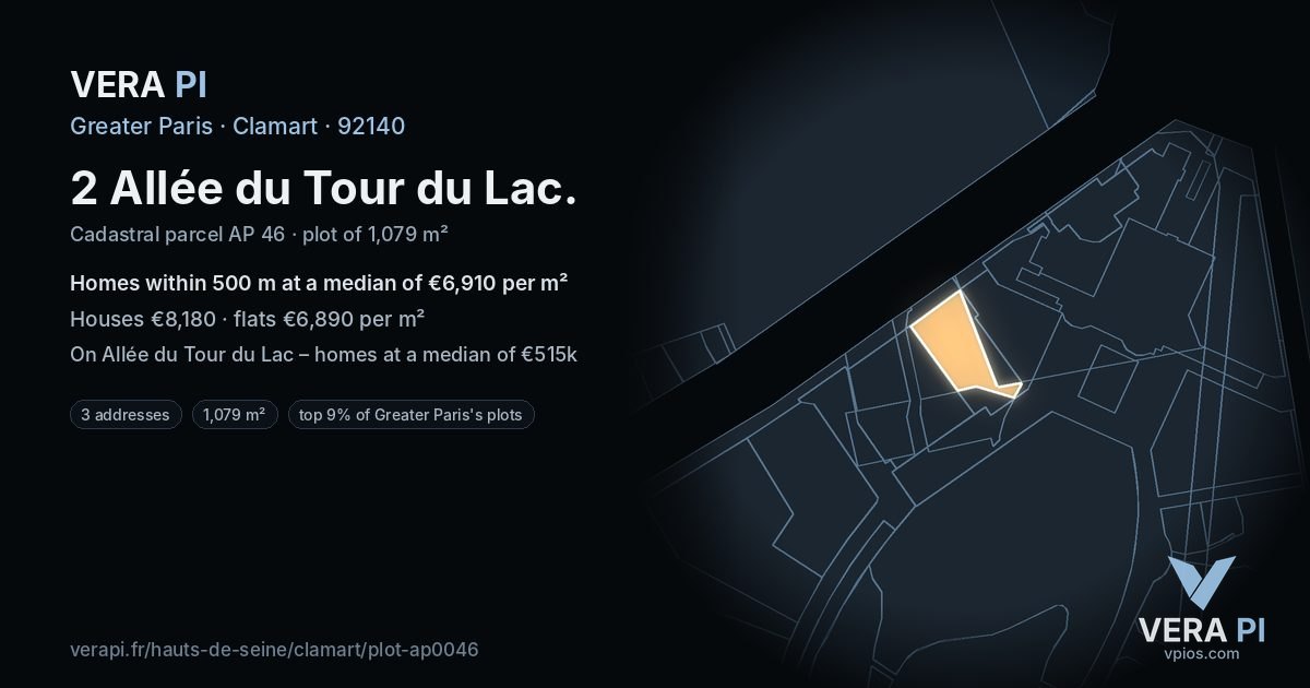 2 Allée du Tour du Lac, Clamart at night – the plot lit, the parcels around coloured by the prices near them