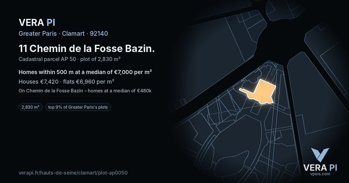 11 Chemin de la Fosse Bazin, Clamart at night – the plot lit, the parcels around coloured by the prices near them