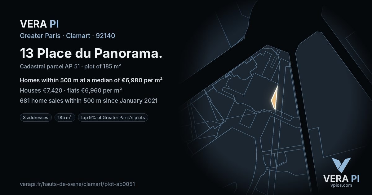 13 Place du Panorama, Clamart at night – the plot lit, the parcels around coloured by the prices near them