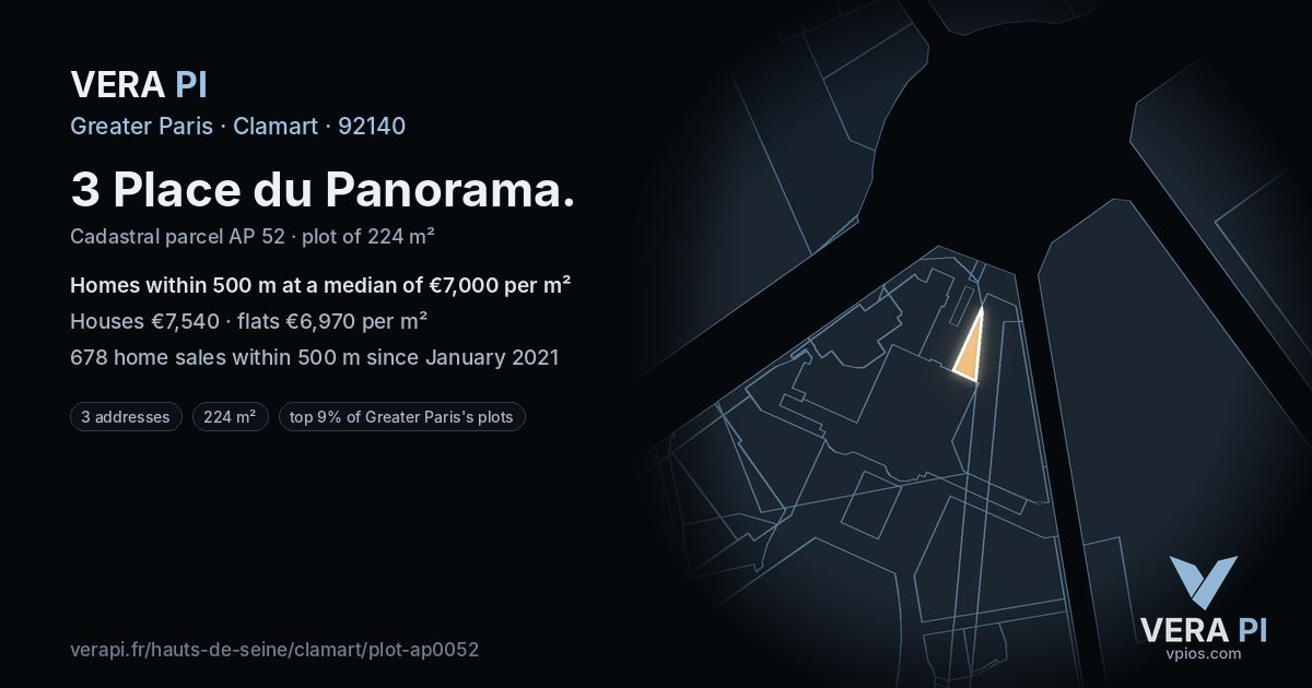 3 Place du Panorama, Clamart at night – the plot lit, the parcels around coloured by the prices near them
