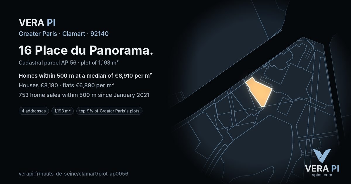 16 Place du Panorama, Clamart at night – the plot lit, the parcels around coloured by the prices near them