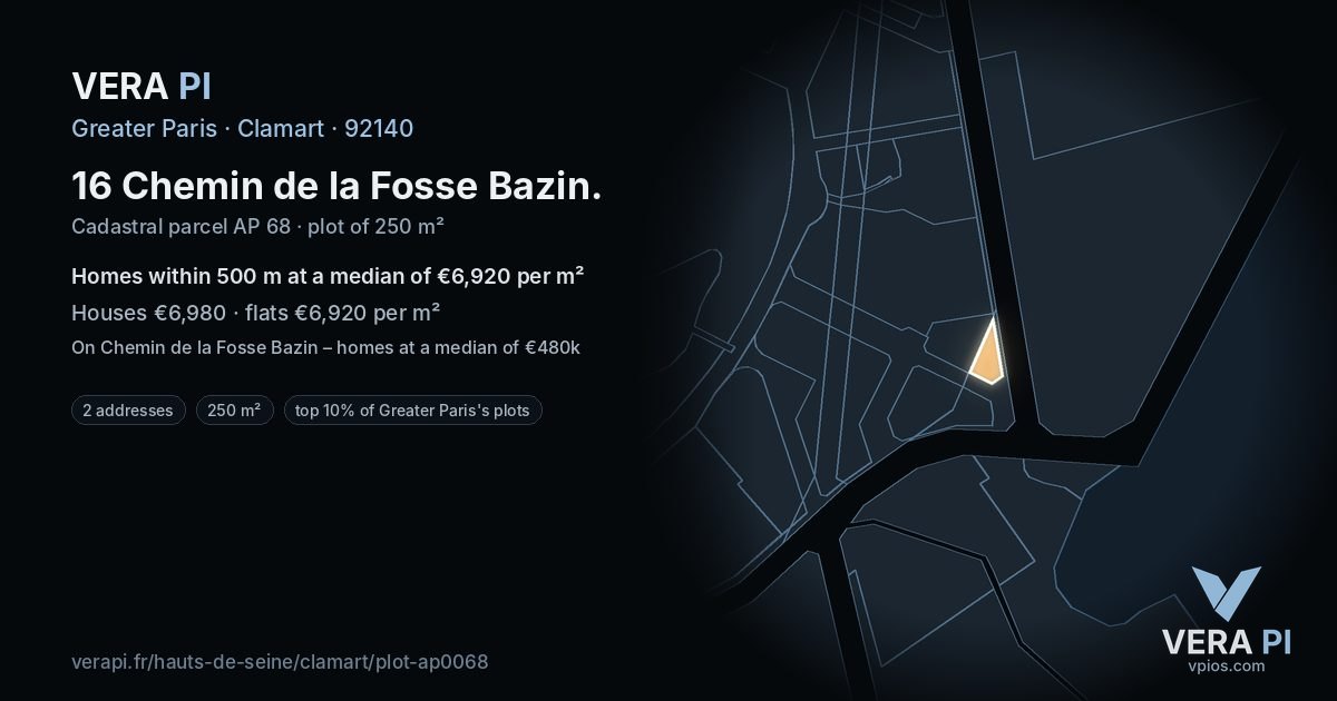 16 Chemin de la Fosse Bazin, Clamart at night – the plot lit, the parcels around coloured by the prices near them