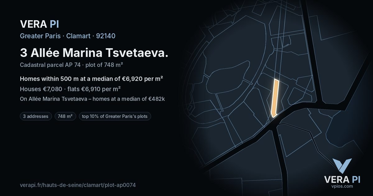 3 Allée Marina Tsvetaeva, Clamart at night – the plot lit, the parcels around coloured by the prices near them