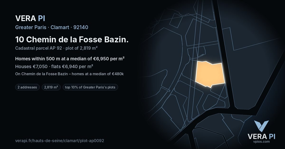 10 Chemin de la Fosse Bazin, Clamart at night – the plot lit, the parcels around coloured by the prices near them