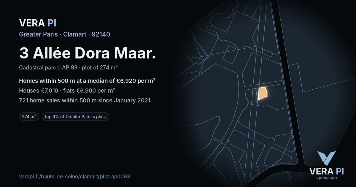 3 Allée Dora Maar, Clamart at night – the plot lit, the parcels around coloured by the prices near them