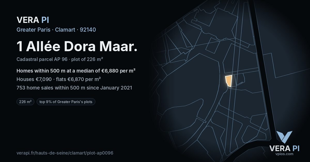 1 Allée Dora Maar, Clamart at night – the plot lit, the parcels around coloured by the prices near them