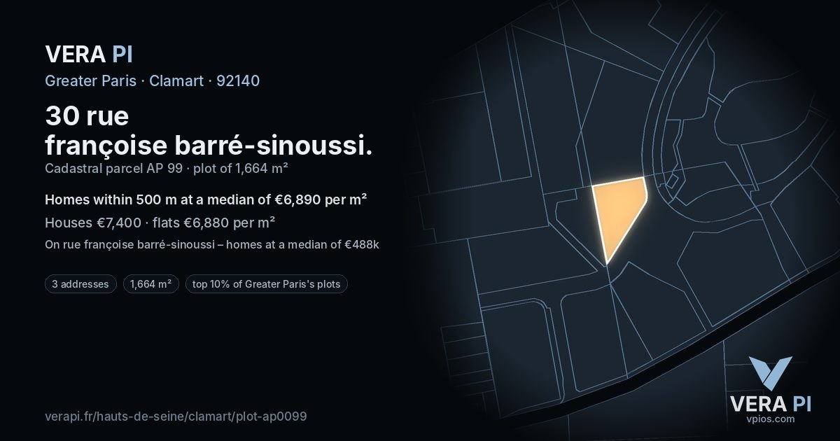 30 rue françoise barré-sinoussi, Clamart at night – the plot lit, the parcels around coloured by the prices near them