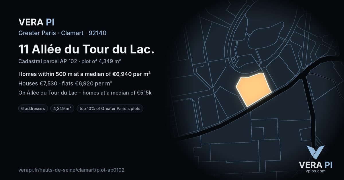 11 Allée du Tour du Lac, Clamart at night – the plot lit, the parcels around coloured by the prices near them