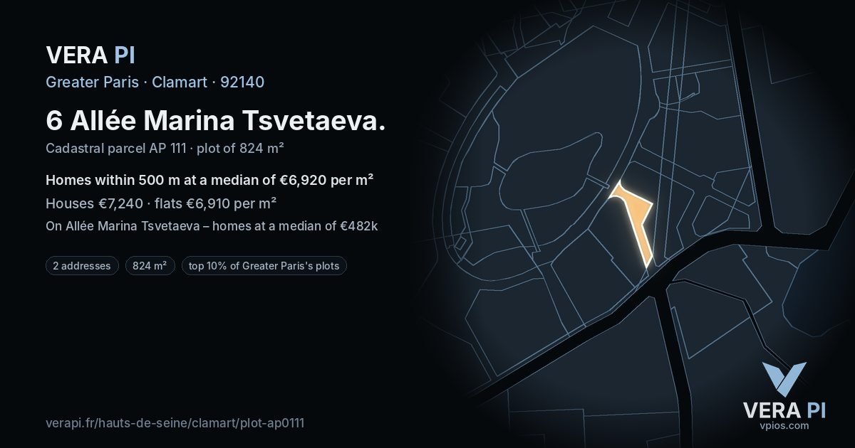 6 Allée Marina Tsvetaeva, Clamart at night – the plot lit, the parcels around coloured by the prices near them