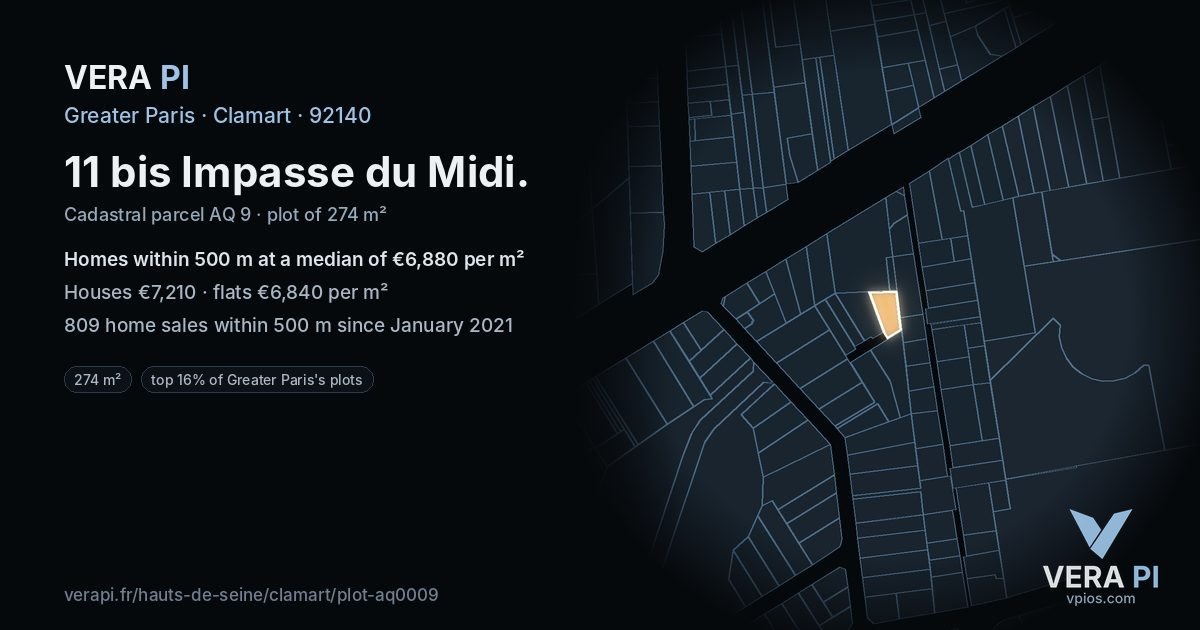 11 bis Impasse du Midi, Clamart at night – the plot lit, the parcels around coloured by the prices near them