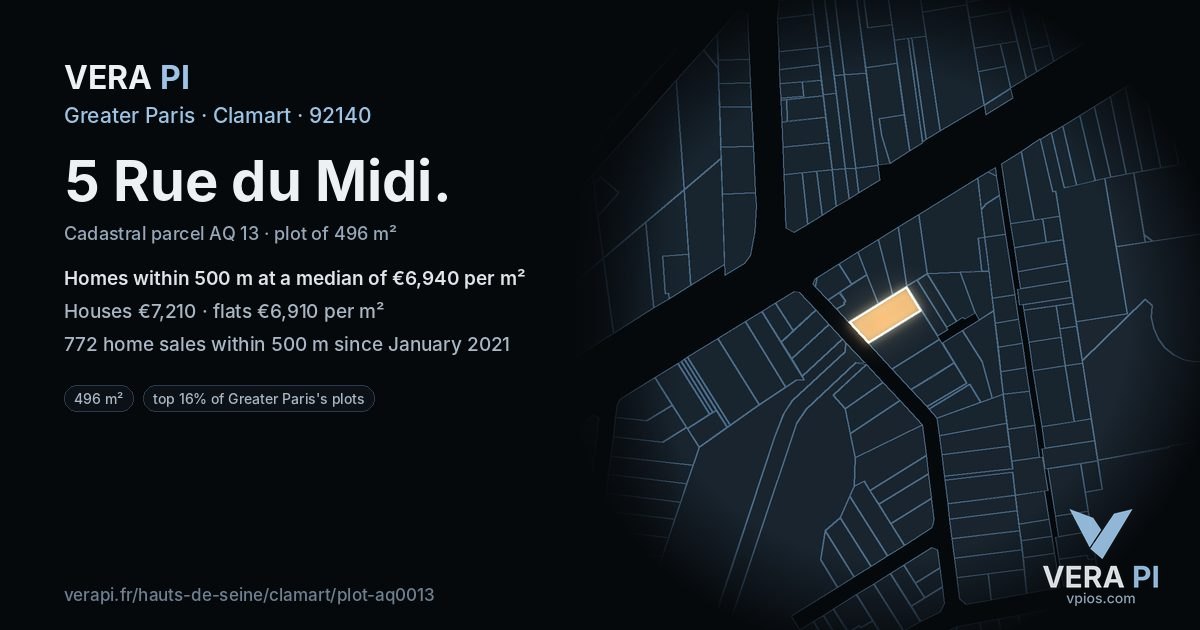 5 Rue du Midi, Clamart at night – the plot lit, the parcels around coloured by the prices near them