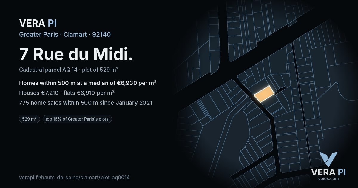 7 Rue du Midi, Clamart at night – the plot lit, the parcels around coloured by the prices near them
