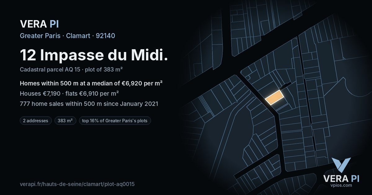 12 Impasse du Midi, Clamart at night – the plot lit, the parcels around coloured by the prices near them