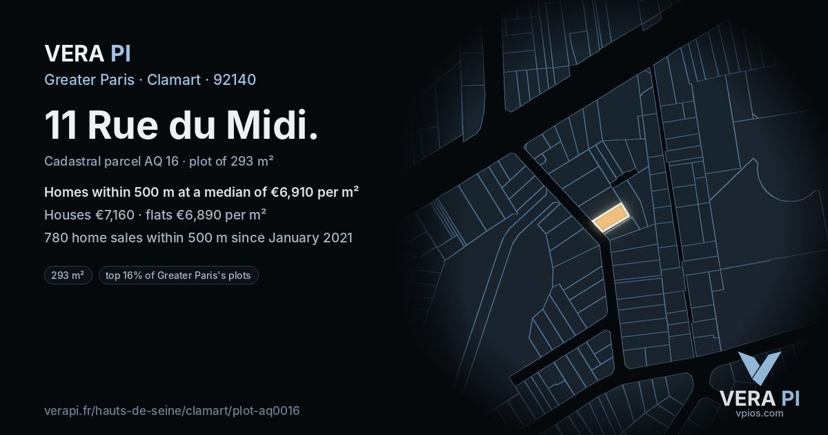 11 Rue du Midi, Clamart at night – the plot lit, the parcels around coloured by the prices near them