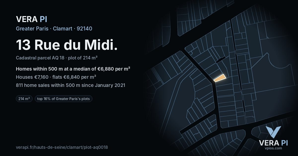 13 Rue du Midi, Clamart at night – the plot lit, the parcels around coloured by the prices near them