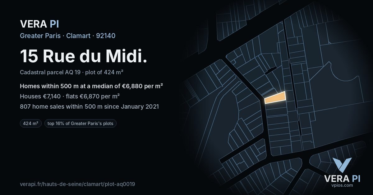 15 Rue du Midi, Clamart at night – the plot lit, the parcels around coloured by the prices near them