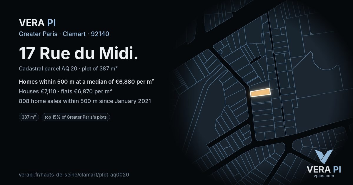 17 Rue du Midi, Clamart at night – the plot lit, the parcels around coloured by the prices near them