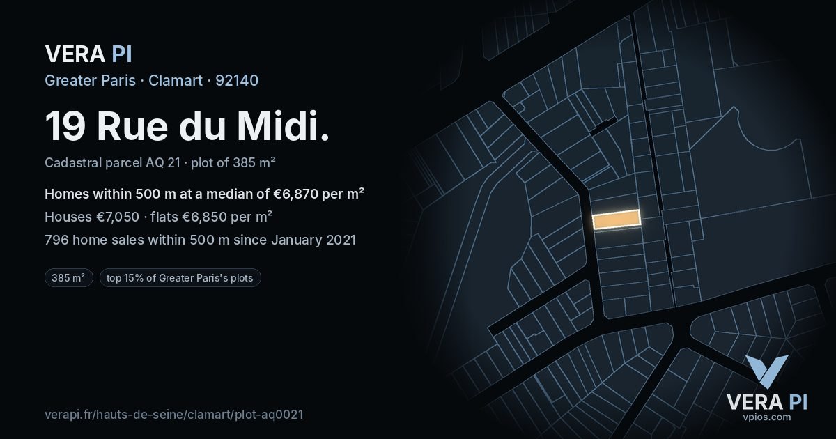 19 Rue du Midi, Clamart at night – the plot lit, the parcels around coloured by the prices near them