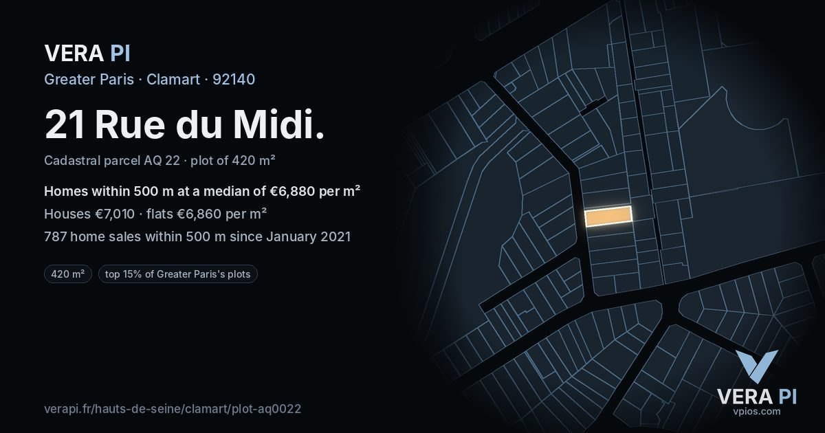 21 Rue du Midi, Clamart at night – the plot lit, the parcels around coloured by the prices near them