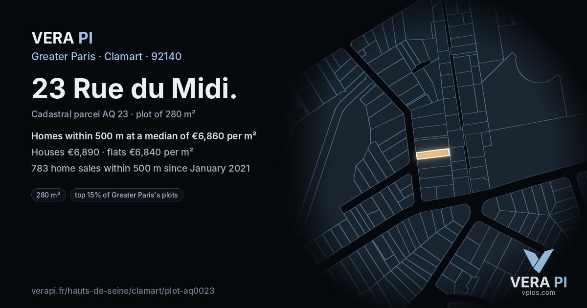 23 Rue du Midi, Clamart at night – the plot lit, the parcels around coloured by the prices near them