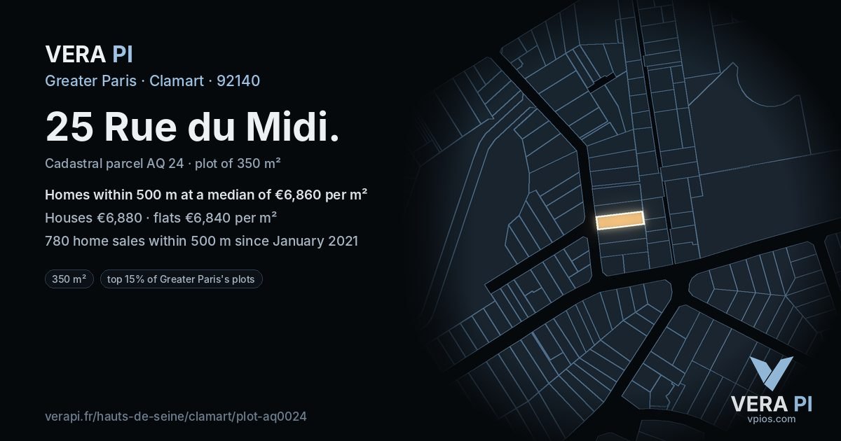 25 Rue du Midi, Clamart at night – the plot lit, the parcels around coloured by the prices near them