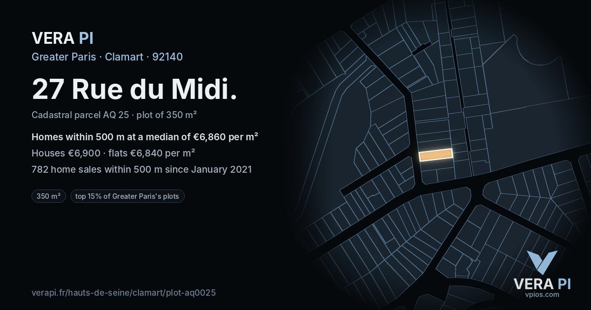 27 Rue du Midi, Clamart at night – the plot lit, the parcels around coloured by the prices near them