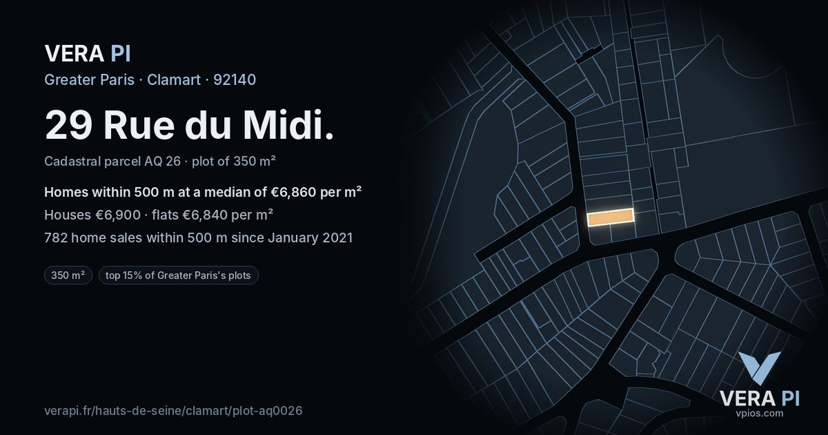 29 Rue du Midi, Clamart at night – the plot lit, the parcels around coloured by the prices near them