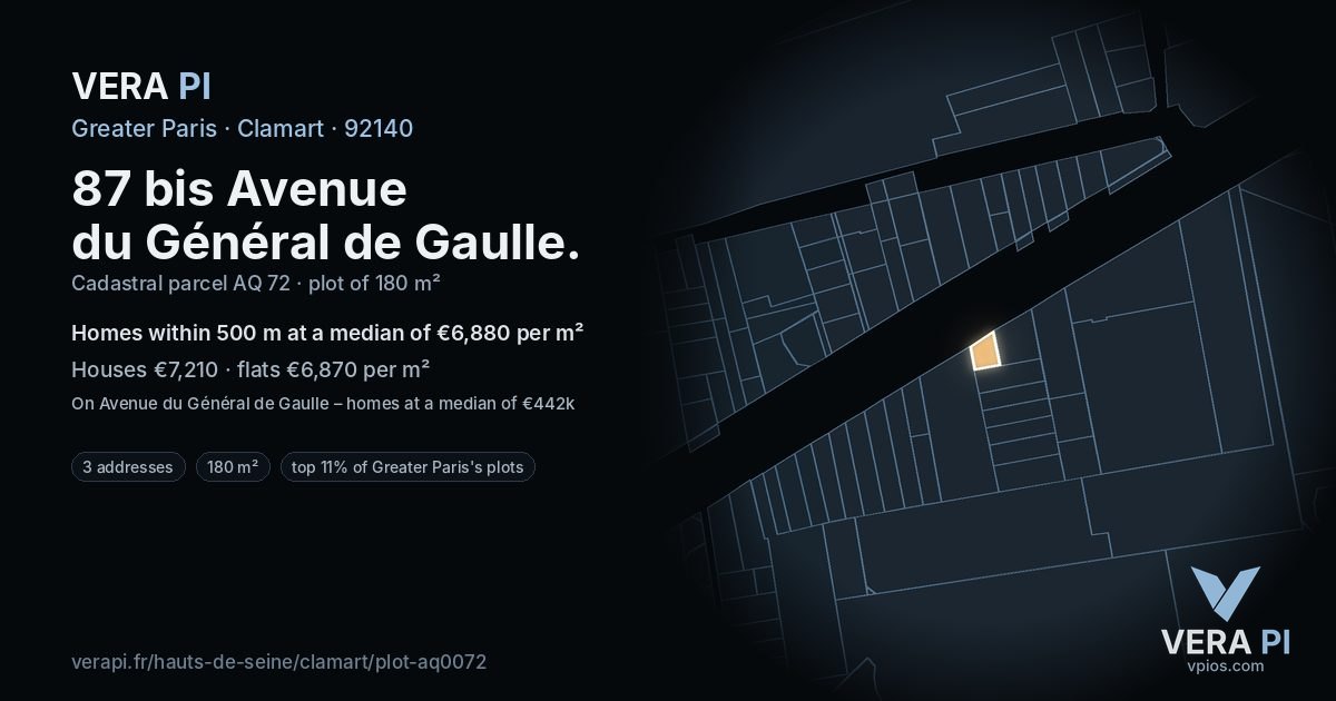87 bis Avenue du Général de Gaulle, Clamart at night – the plot lit, the parcels around coloured by the prices near them