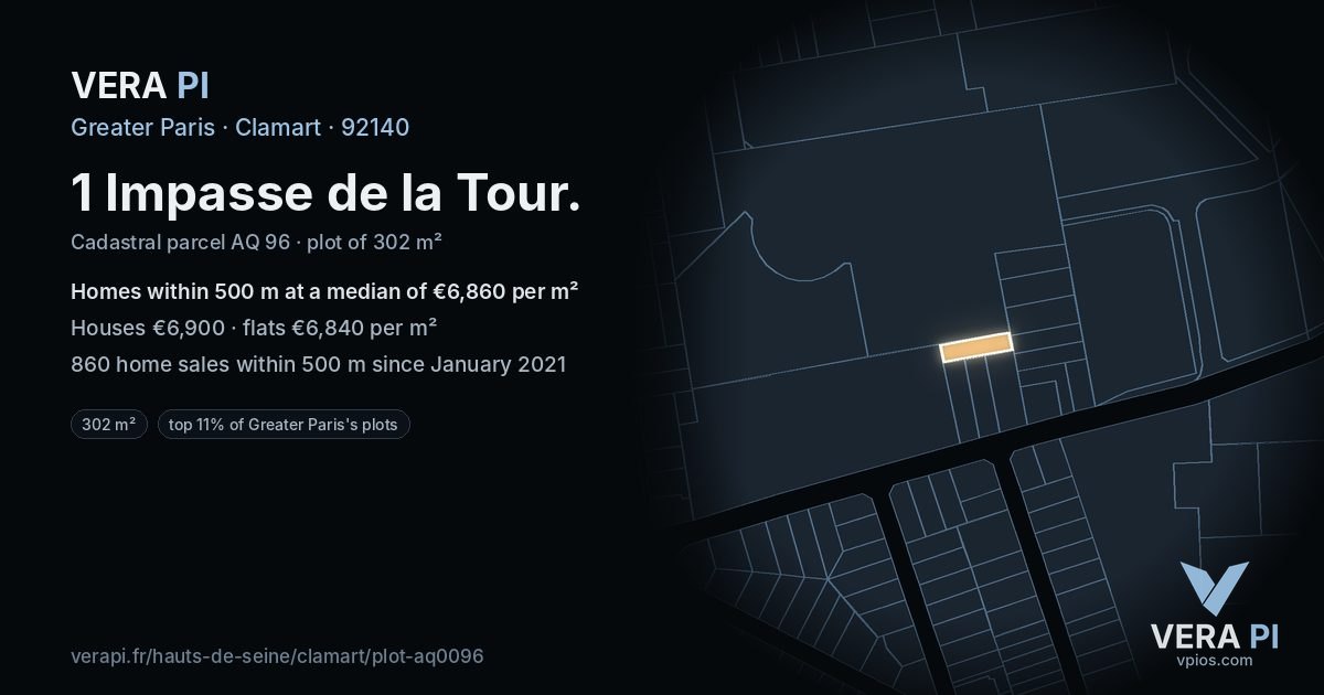 1 Impasse de la Tour, Clamart at night – the plot lit, the parcels around coloured by the prices near them