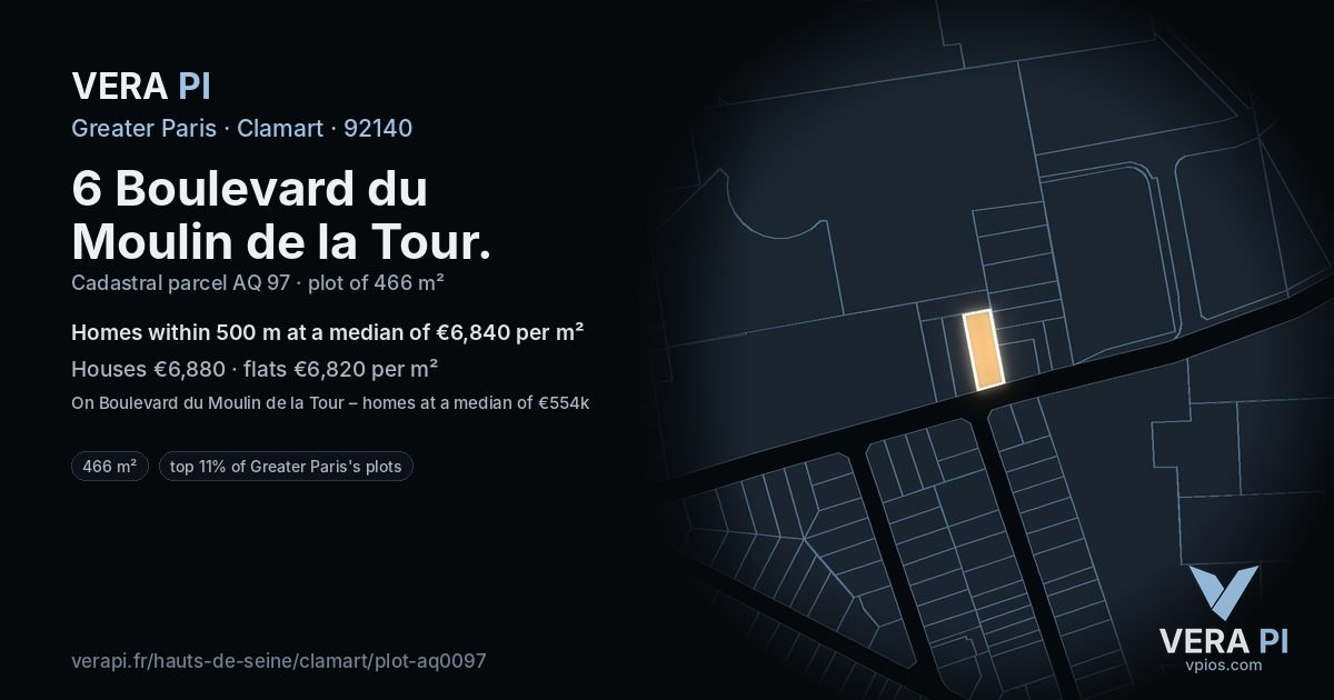 6 Boulevard du Moulin de la Tour, Clamart at night – the plot lit, the parcels around coloured by the prices near them