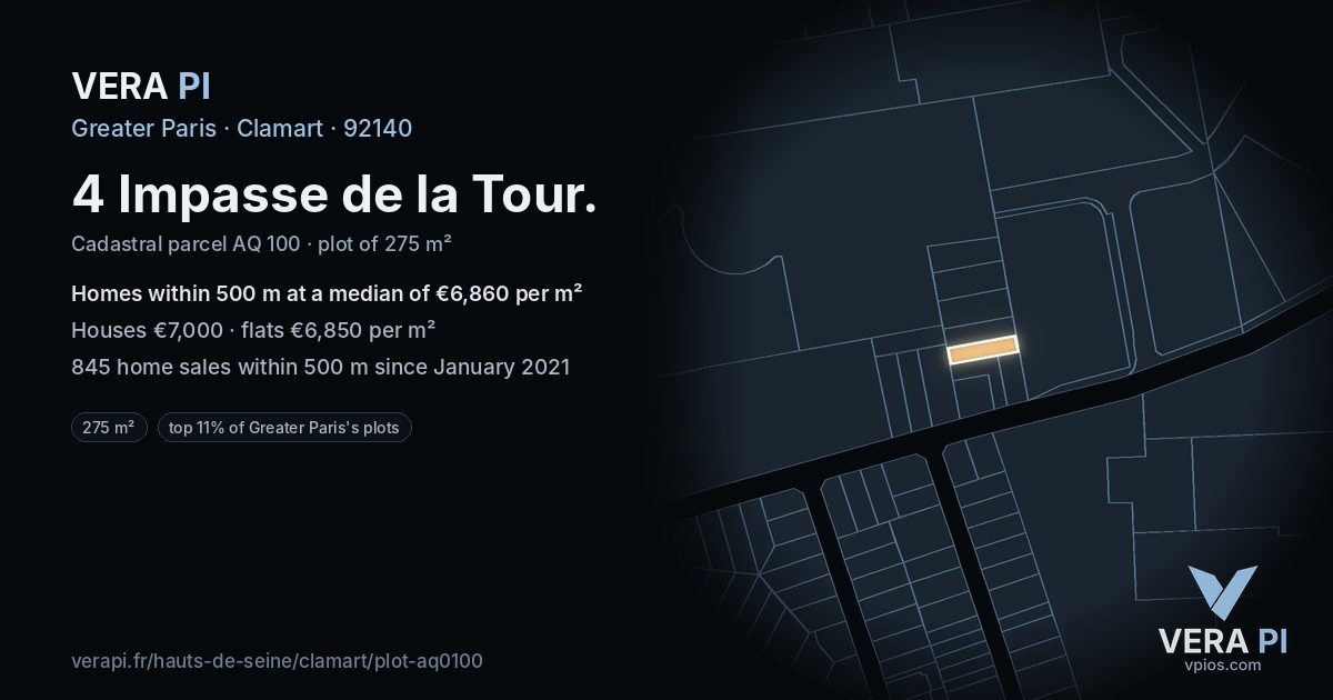 4 Impasse de la Tour, Clamart at night – the plot lit, the parcels around coloured by the prices near them