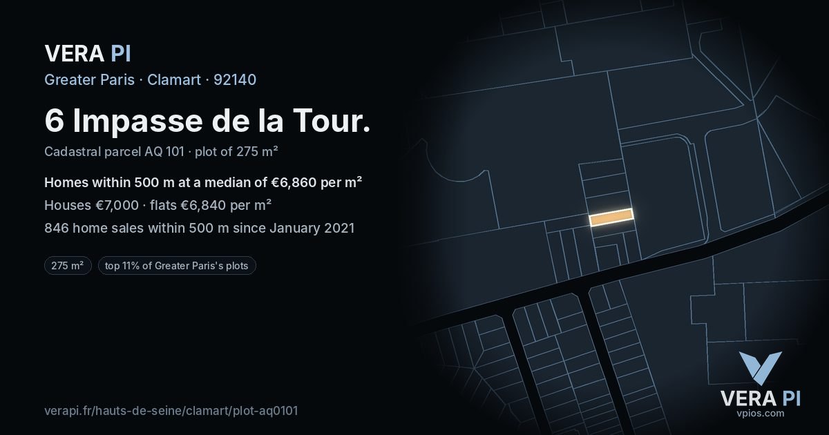 6 Impasse de la Tour, Clamart at night – the plot lit, the parcels around coloured by the prices near them